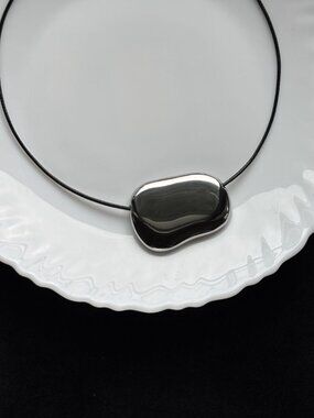 Large Bean Silver Necklace - Adjustable Cord Pendant